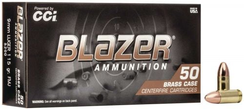 CCI Blazer Brass Full Metal Jacket 9mm Ammo 115 gr 50 Round Box