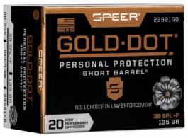 Speer Gold Dot Personal Protection .38 Spl +P 135 GR Hollow Point Short Barrel 20rd box - 23921GD