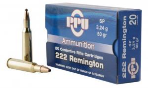 PPU Standard Rifle Ammo  222 Rem 50gr Soft Point  20rd box - PP222