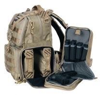 G*Outdoors T1612BPT Tactical Range Backpack Tan 1000D Nylon Teflon Coating with 3 Pistol Storage Cases, Visual ID Storage System - T1612BPT