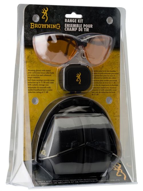 Browning Range Kit Plastic 27/31 dB Over the Head Black Ear Cups w/Black Band & Yellow Buckmark Logo Muffs, Orange Lens w