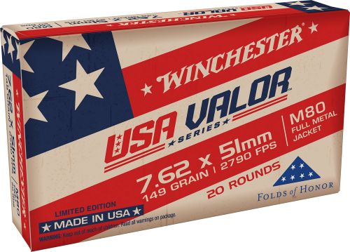 Winchester  USA Valor 7.62x51mm NATO Ammo 149gr Full Metal Jacket 20rd box