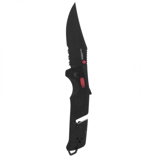 S.O.G Trident AT 3.70 Folding Clip Point Part Serrated Titanium Nitride Cryo D2 Steel Blade GRN Black w/Red Accent