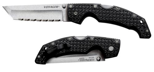 Cold Steel Voyager Large 4 Folding Tanto Serrated Stonewashed AUS-10A SS Blade/5.25 Black Textured Griv-Ex w/Aluminum