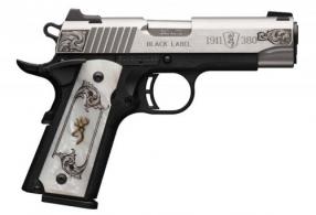 Browning 1911-380 Medallion Compact 380 ACP 4.25" Stainless 8+1 Matte Black Neo-Classical American Engraving White Pea - 051966492
