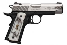 Browning 1911-380 Medallion Compact .380 ACP 3.63" Stainless 8+1 Matte Black White Pearl Engraved Grip - 051967492