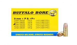 Main product image for Buffalo Bore Ammunition 24C/20 Pistol 9mm +P+ 147 gr Jacketed Hollow Point (JHP) 20 Bx/ 12 Cs