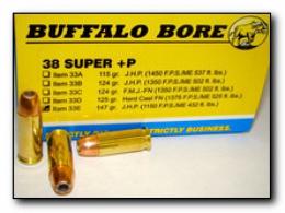 Buffalo Bore Ammunition 33E/20 Pistol 38 Super +P 147 gr Jacketed Hollow Point (JHP) 20 Bx/ 12 Cs - 33E/20